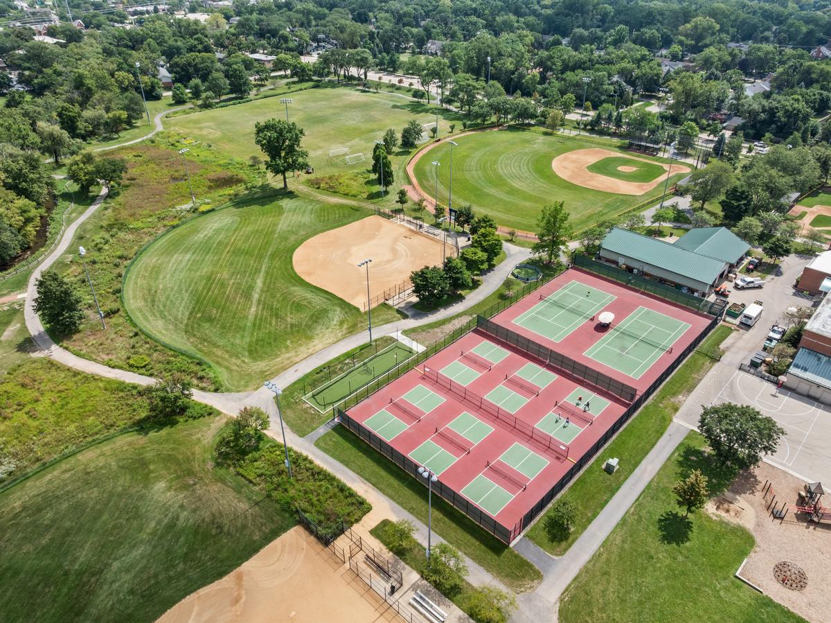 Aerial view of the Northfield Park District athletic fields, with baseball diamonds, tennis and pickleball courts