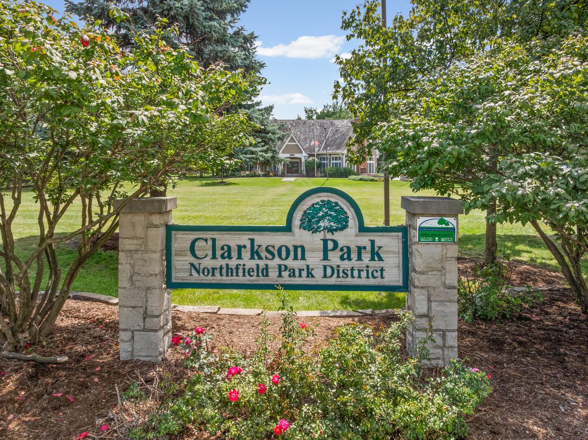 The stone entrance sign at Clarkson Park, Northfield Park District