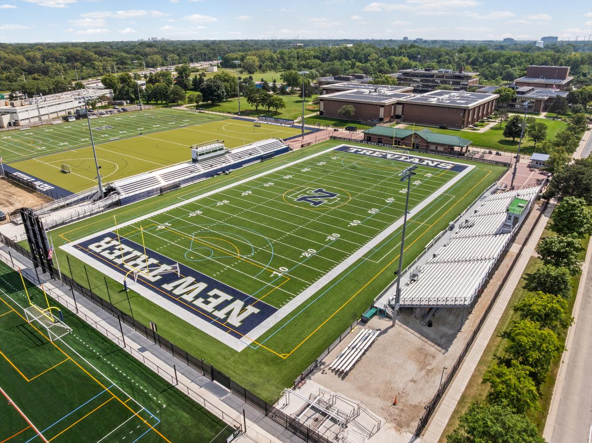 Aerial view of the New Trier High School Northfield campus athletic field