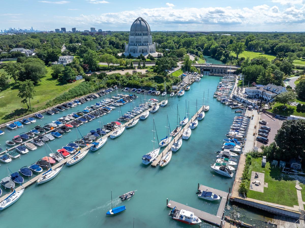 Boats moored at Wilmette Harbor on Lake Michigan, aerial view